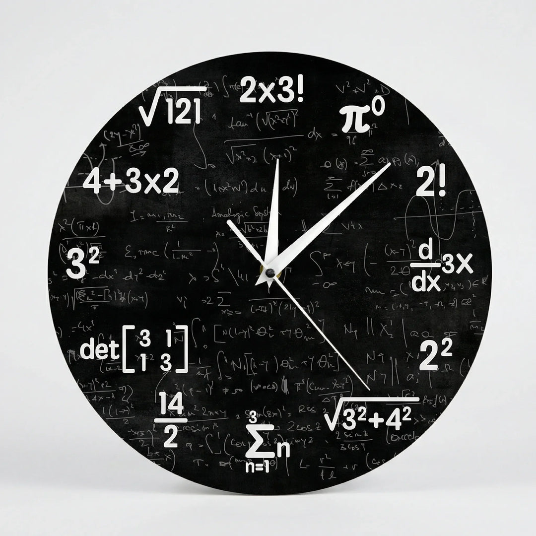 Unique round math wall clock, a silent and modern novelty gift for students, teachers, or home and office decor.
