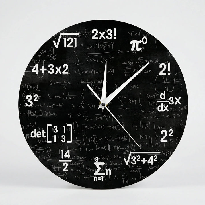 Unique round math wall clock, a silent and modern novelty gift for students, teachers, or home and office decor.