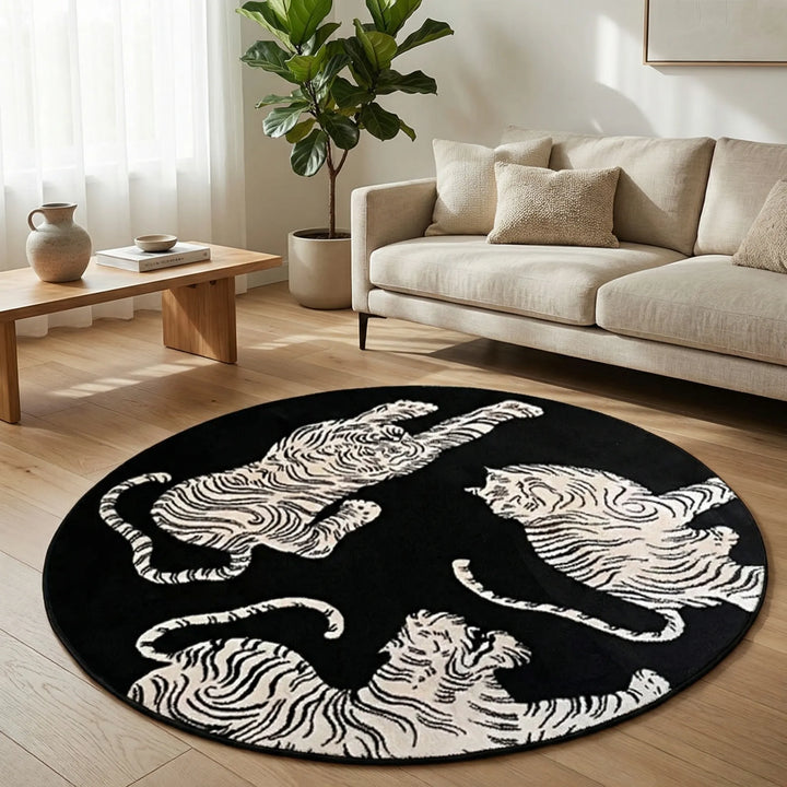 Round plush tiger print area rug for living room. Soft, statement home decor with unique wave pattern.