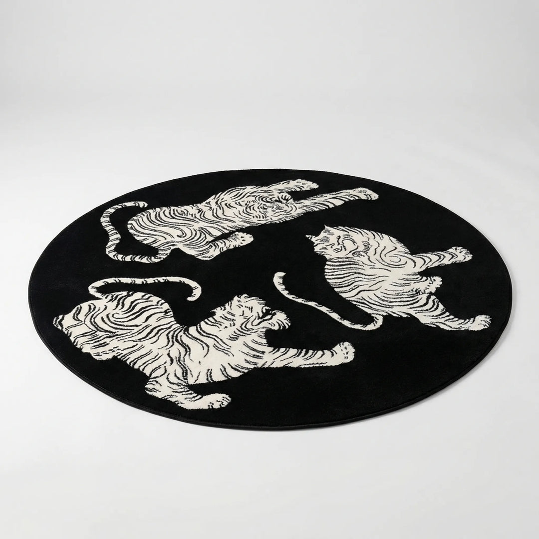Washable round tiger print plush area rug. Water-resistant statement floor decor for modern homes. Flowique waves.