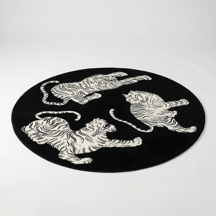Washable round tiger print plush area rug. Water-resistant statement floor decor for modern homes. Flowique waves.