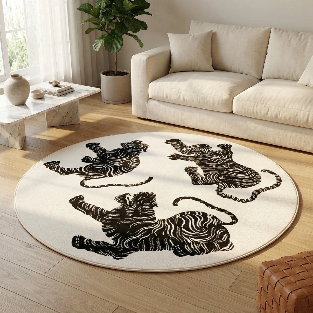 Statement round tiger print plush area rug. Bold home decor, perfect for living room or bedroom. Washable.