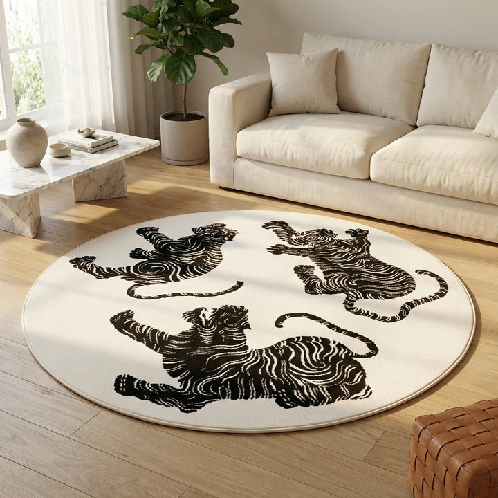 Statement round tiger print plush area rug. Bold home decor, perfect for living room or bedroom. Washable.