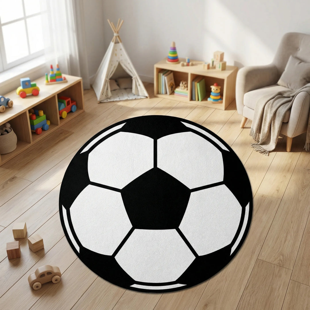 Round sports area rug with dynamic wave pattern, perfect for playrooms, living rooms & game rooms. Non-slip, machine washable.