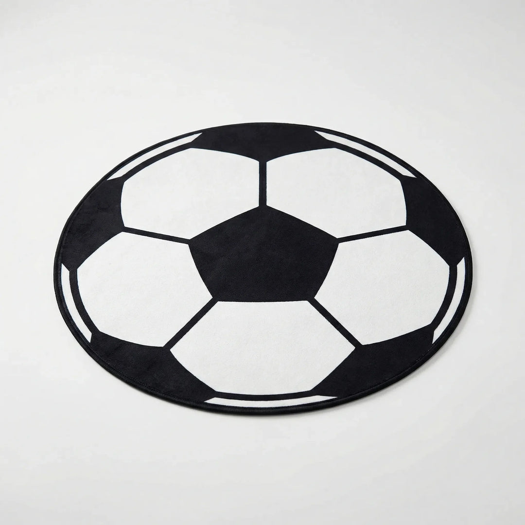 Vibrant football-themed round area rug for kid's playrooms. Durable, non-slip, and machine washable, ideal for sports fans.