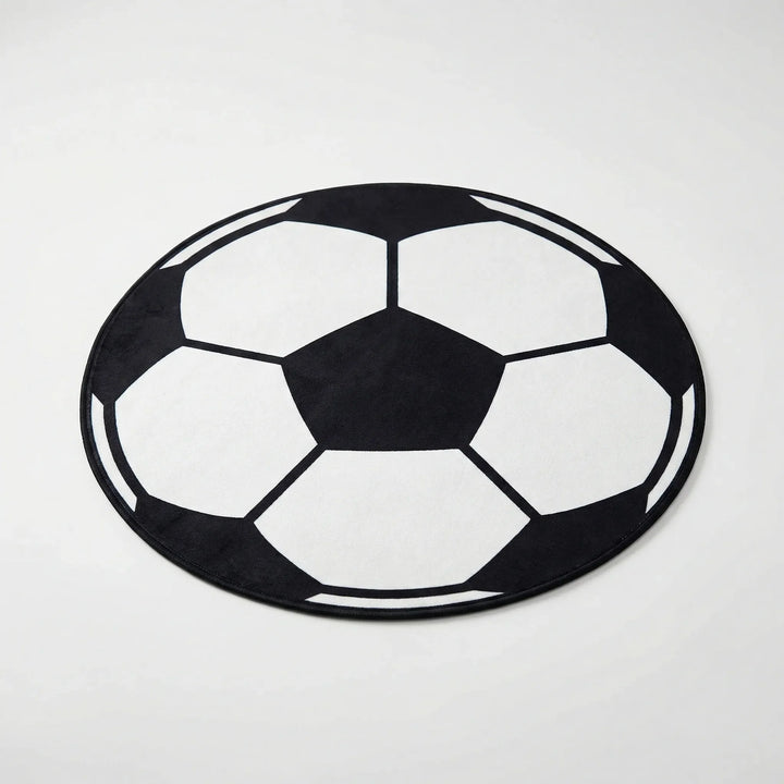 Vibrant football-themed round area rug for kid's playrooms. Durable, non-slip, and machine washable, ideal for sports fans.