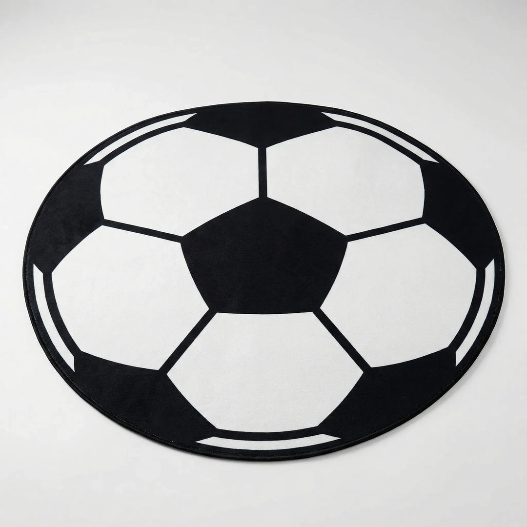 Decorative sports themed round area rug with modern wave design. Ideal for game rooms, kid's rooms or as a living room statement.