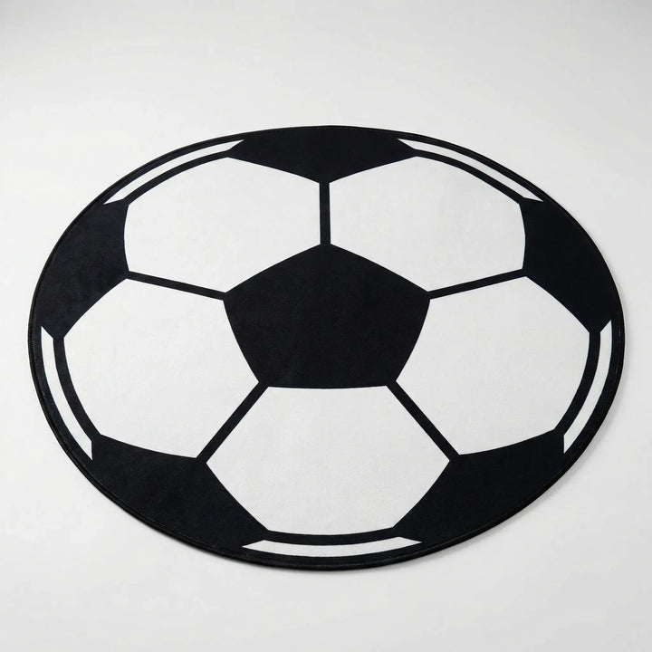 Decorative sports themed round area rug with modern wave design. Ideal for game rooms, kid's rooms or as a living room statement.