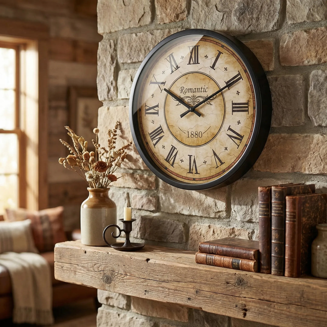Round vintage wall clock with elegant Roman numerals, perfect antique style home decor for living room or bedroom.