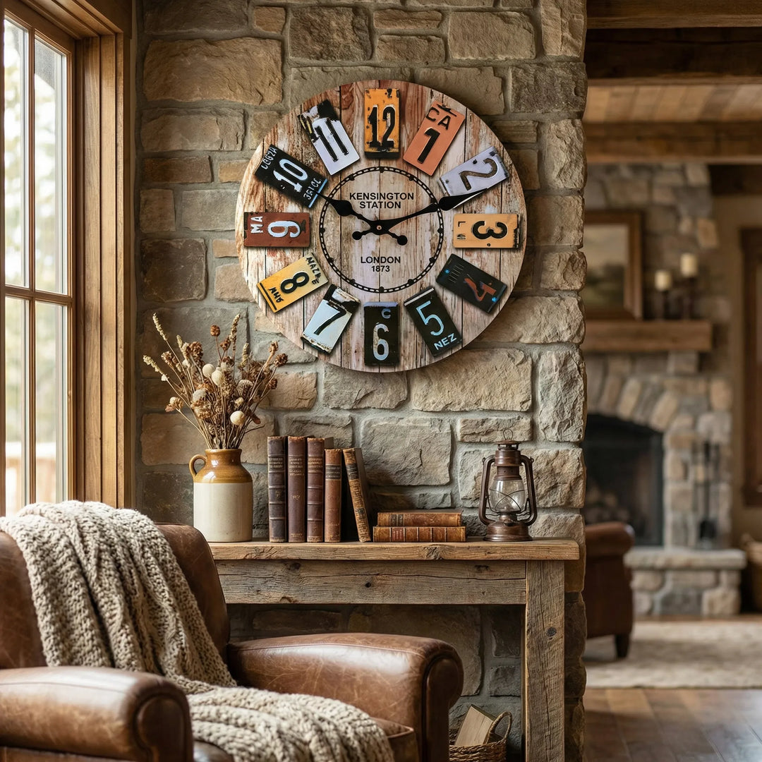Round vintage wall clock with rustic finish, perfect for farmhouse style home decor. Analog timepiece adds classic charm.