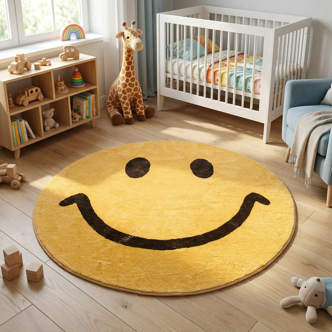 Round yellow smile face area rug with waves, ideal for playroom or kids room decor.