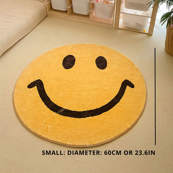 Happy round smile face rug in yellow, bringing joy to any kids room or playroom.