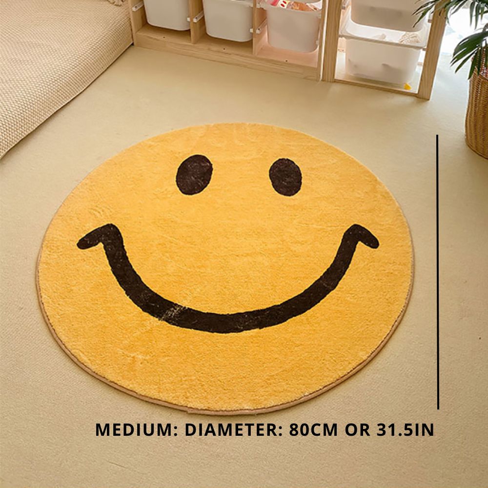 Statement round smile face area rug in yellow with waves, a unique home decor piece.