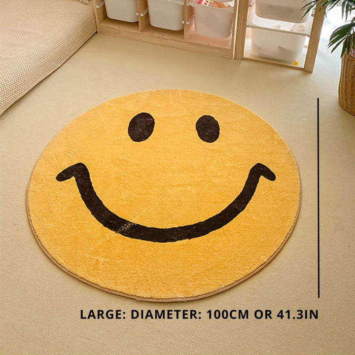 Plush round yellow smile face area rug with flowy wave details for modern home decor.
