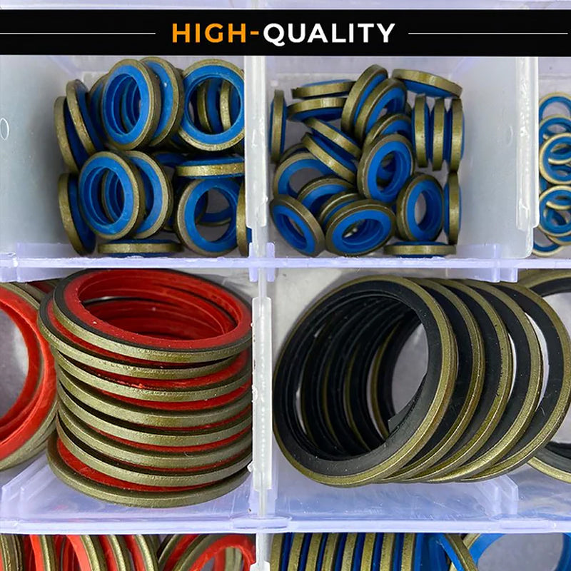 Comprehensive rubber washer assortment for sealing and preventing leaks in plumbing and automotive applications.
