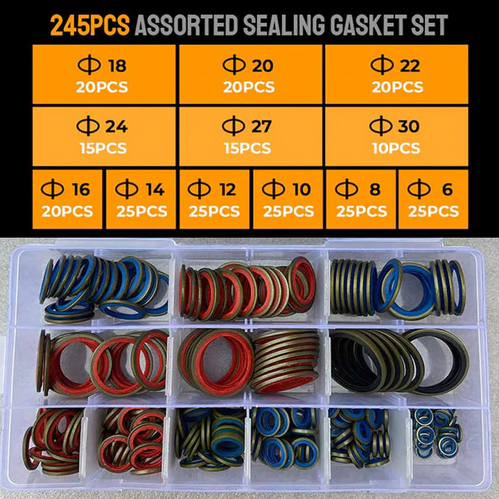 Leak-preventing rubber gasket assortment for plumbing, automotive, and general hardware applications.