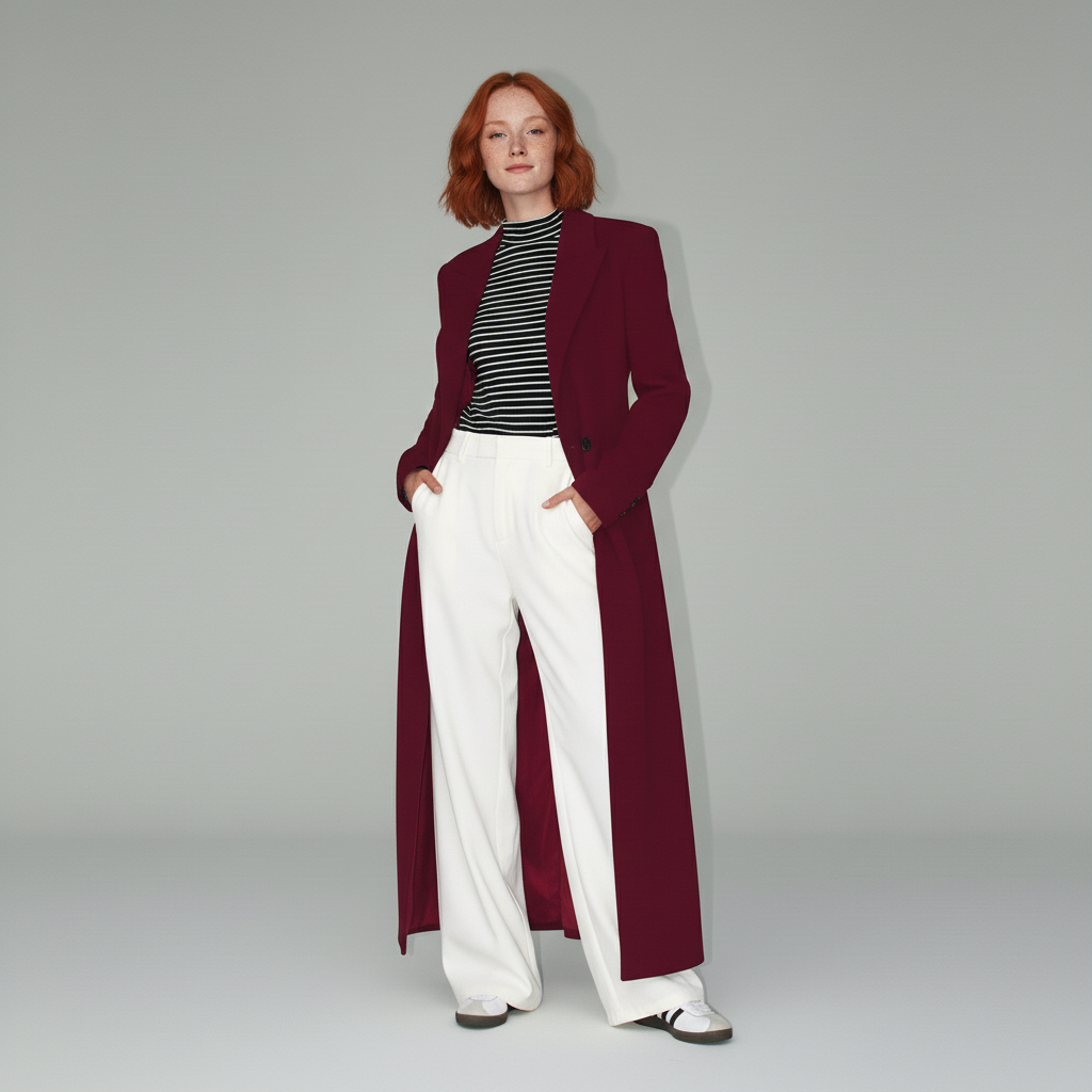 Ruby red long tailored coat for women, elegant slim fit. Perfect for chic outerwear.