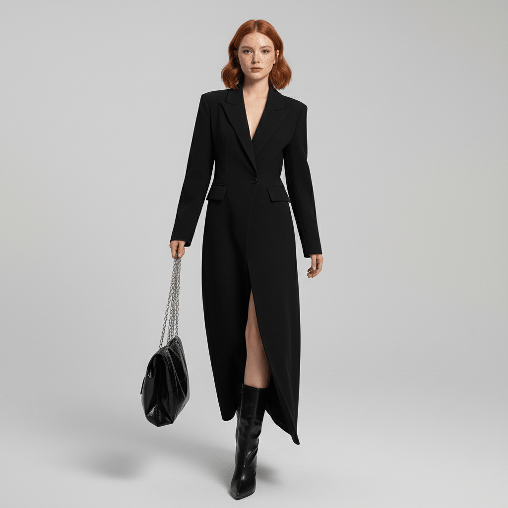 Elegant women's ruby tailored long coat, slim fit with a structured silhouette & single button.