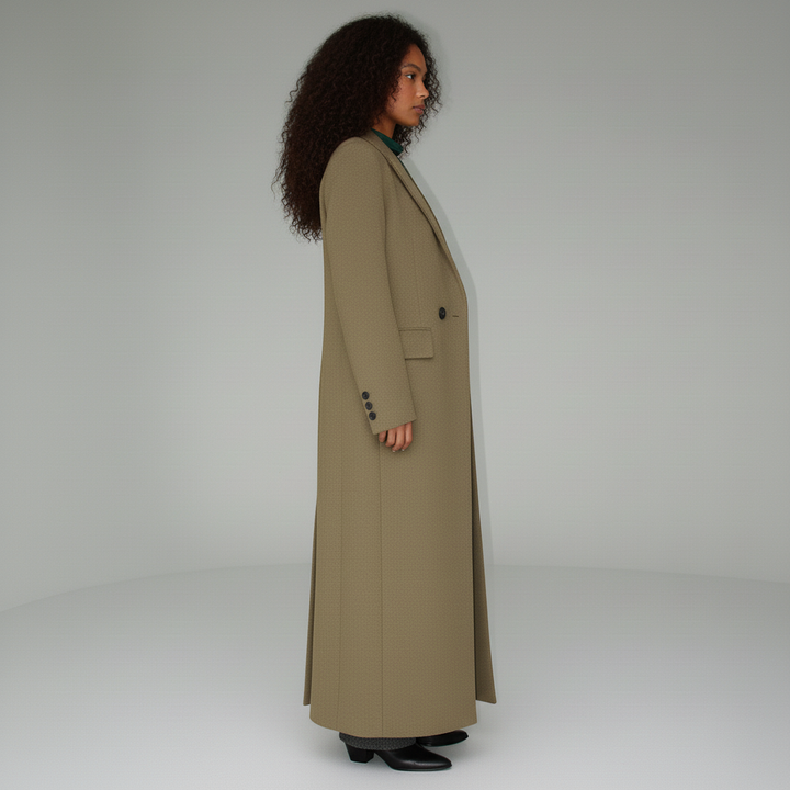 Structured ruby tailored long coat for women, offering an elegant slim fit and sophisticated style.