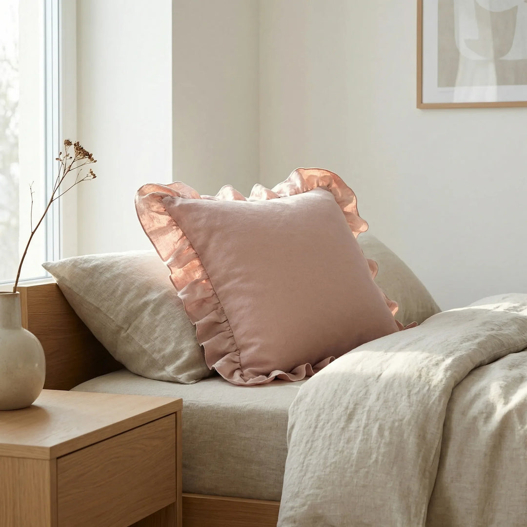 Ruffled square pillow cover, soft texture, decorative accent for living room home decor.
