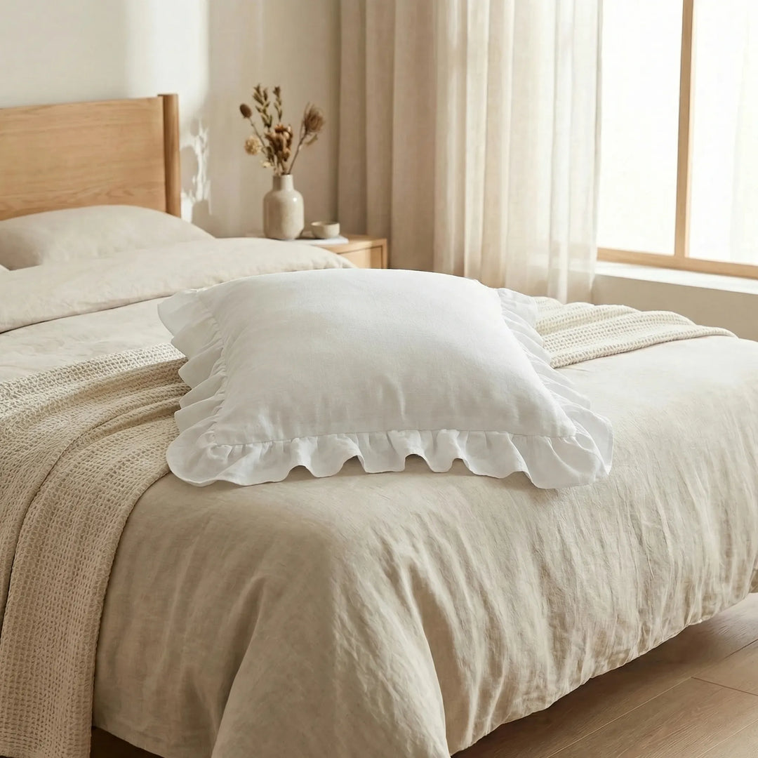 Premium home decor ruffled square pillow cover, enhancing bedroom or couch aesthetics.