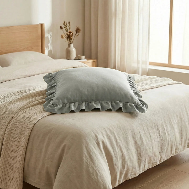 Modern ruffled square cushion cover, versatile for living room, bed, or armchair decor.