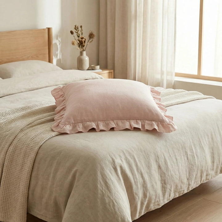 Cozy ruffled square pillow cover, perfect for adding warmth and texture to your sofa.