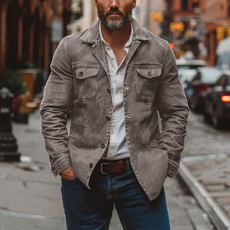 Men's vintage multi-pocket utility jacket with a distressed look. Stylish outerwear for fall & spring casual fashion.