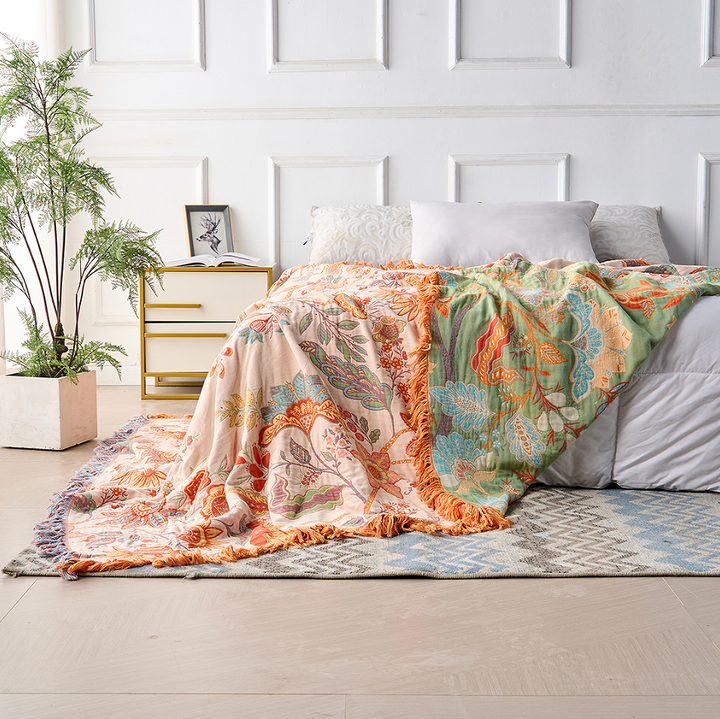 Decorative boho floral cotton blanket, a charming rustic home accent for couches.