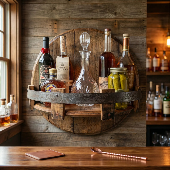 Rustic wall mounted beverage shelf for home bar. Vintage wood design, perfect for barware storage & drink display.