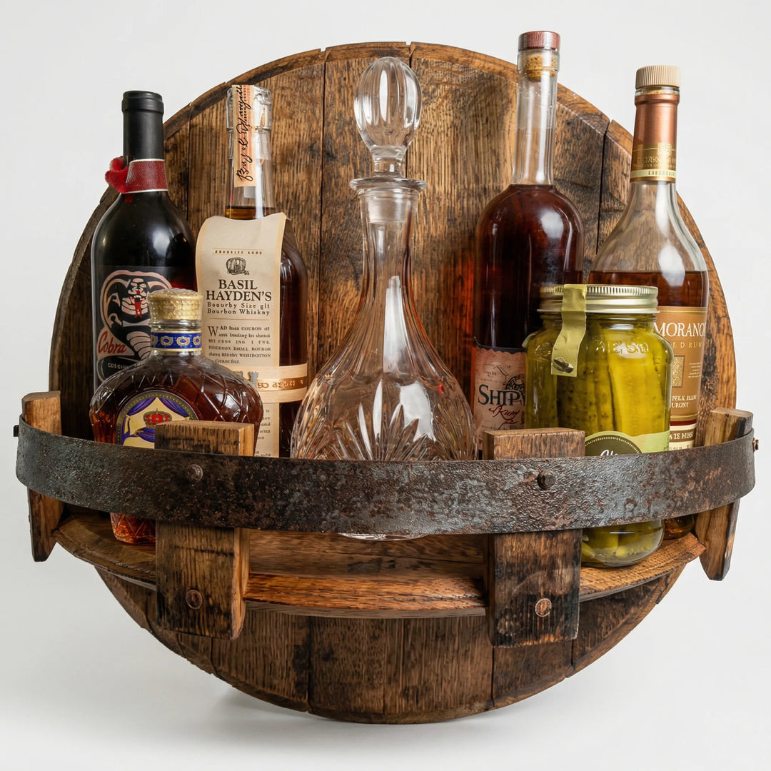Decorative rustic wall shelf, ideal for home bar beverage display. Organize barware & add vintage charm to your kitchen.