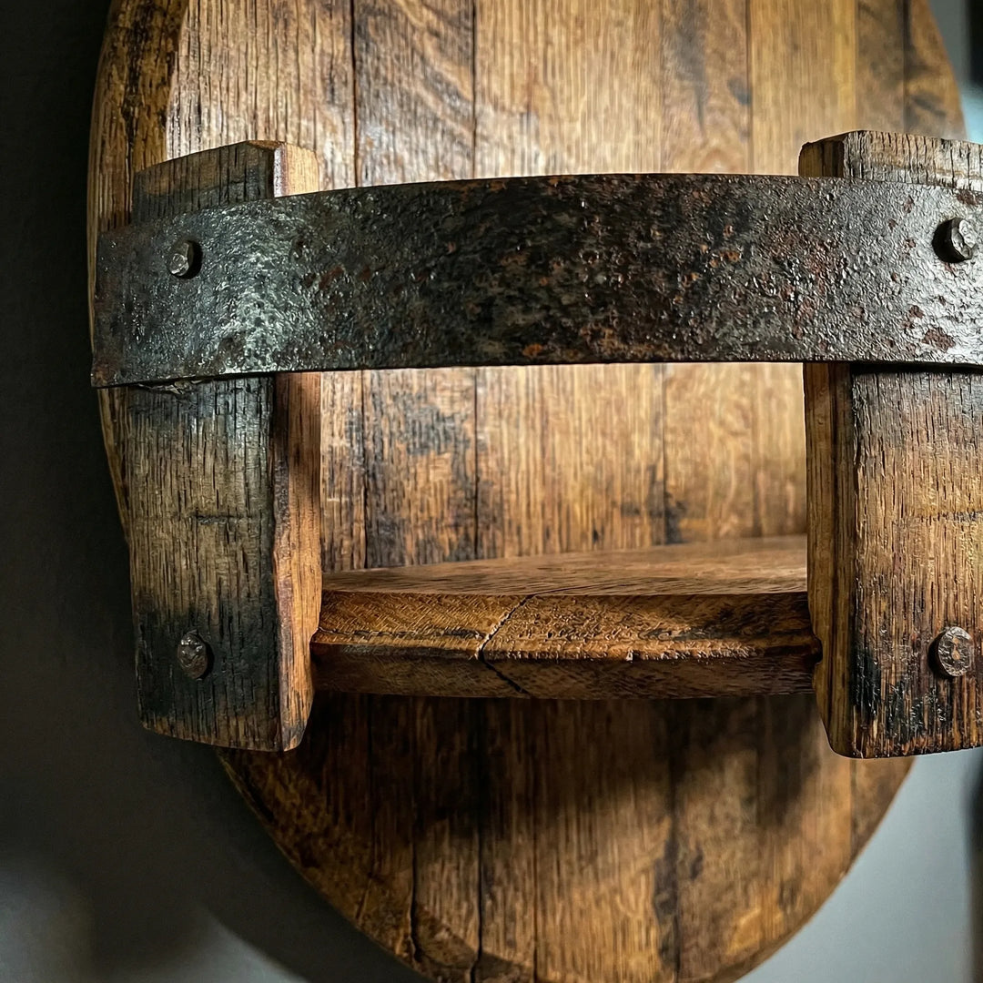 Vintage rustic wall mounted drink cabinet for home bar. Space-saving barware storage & unique home decor statement piece.