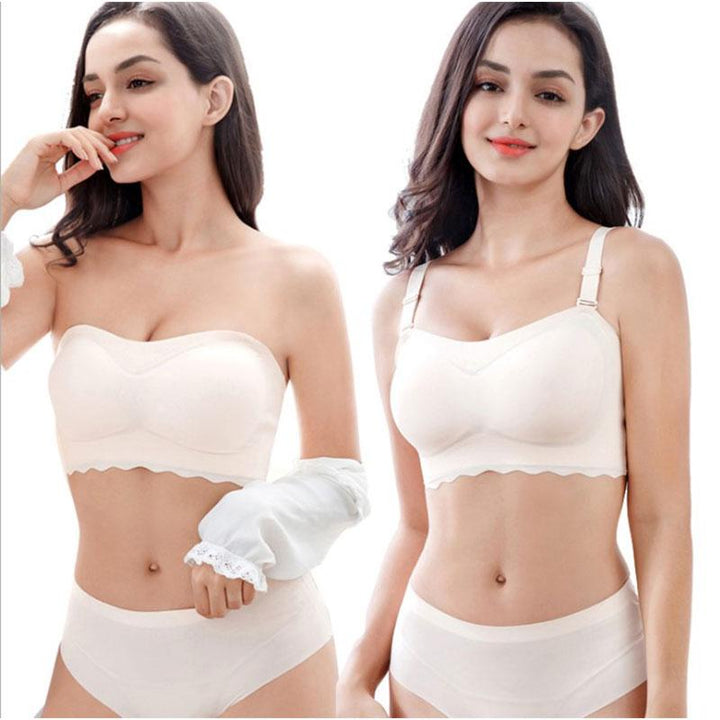 White seamless ice silk strapless bandeau, comfort top for women's underwear with removable straps.