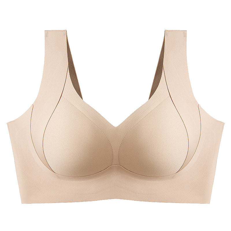 Plus size seamless wire-free lifting bra for women, with full coverage and robust side support.