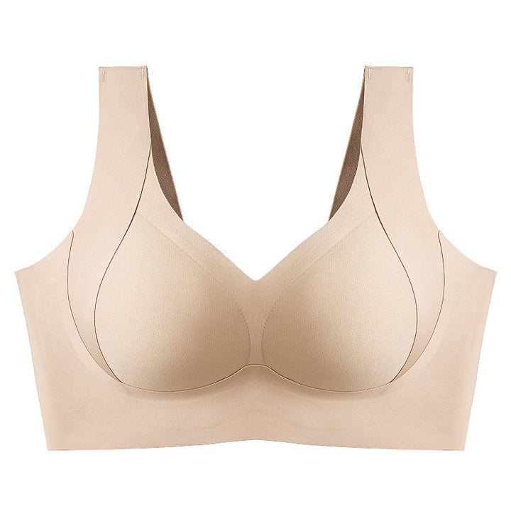 Plus size seamless wire-free lifting bra for women, with full coverage and robust side support.