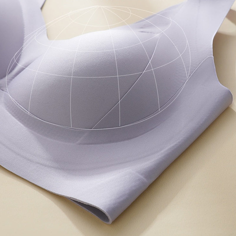 Women's wire-free bra with seamless design, anti-sag properties, and strong side support for larger busts.