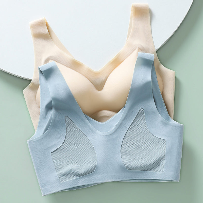 Detail of the comfortable wide straps on a women's seamless wireless everyday wear bra