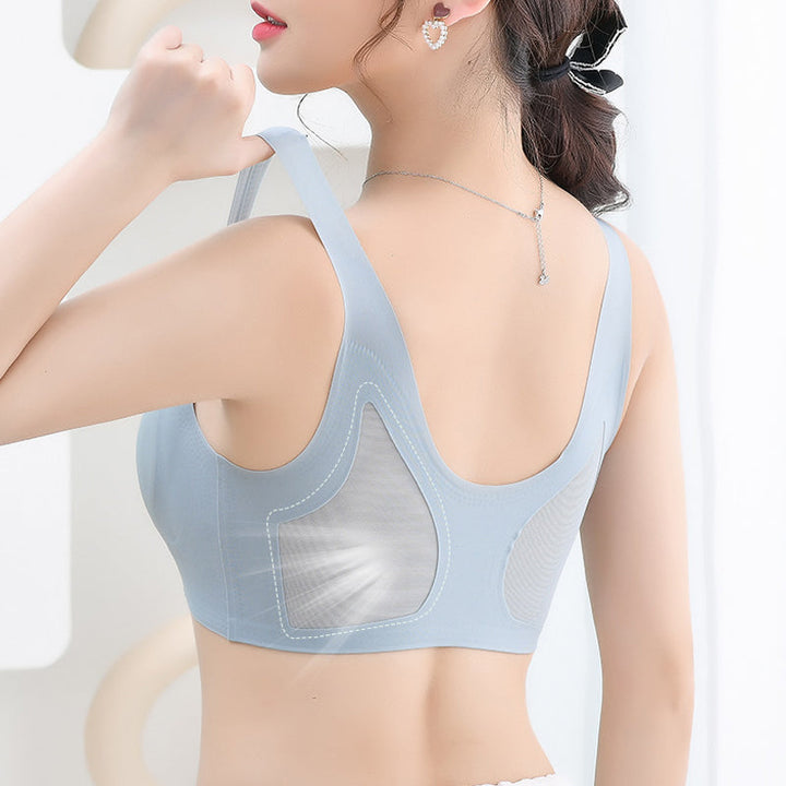 Back view of a seamless wireless breathable comfort bra, emphasizing the smooth, tag-free design