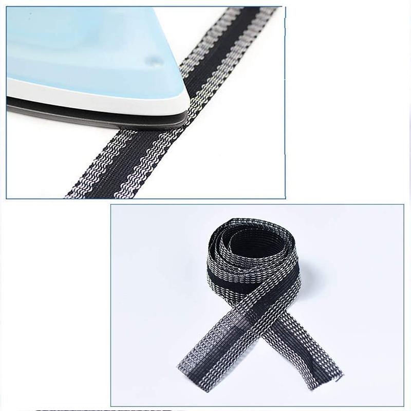 Close-up of self-adhesive hemming tape on fabric, demonstrating its strong iron-on bond for clothing hems.
