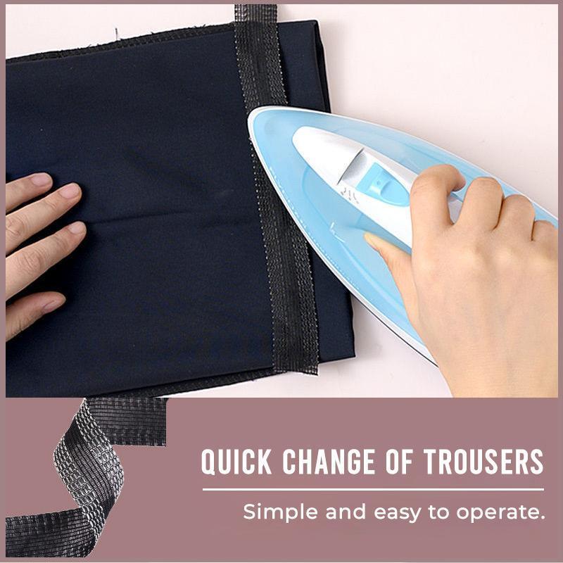 No-glue hemming tape being applied to a garment hem, suitable for various fabrics and easy clothing repair.