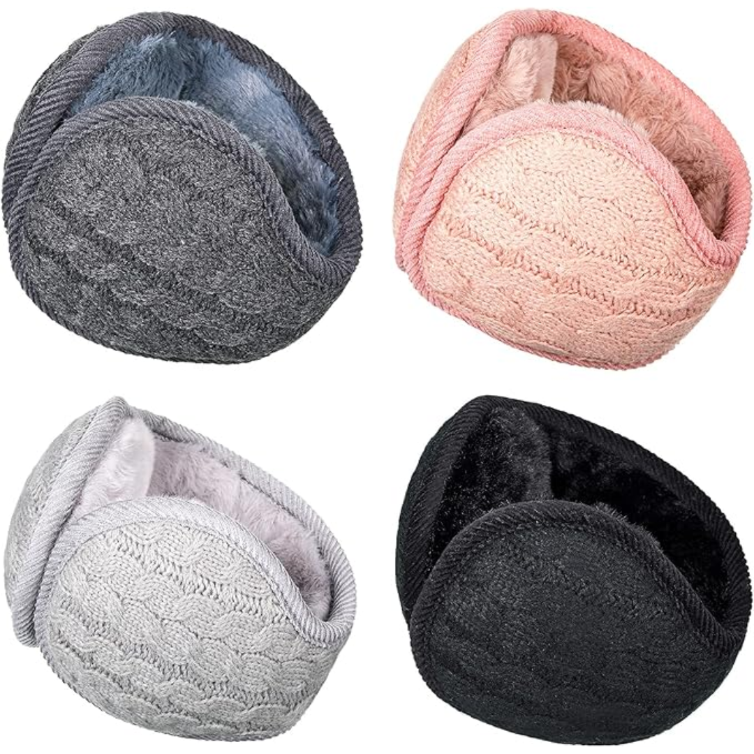 Set of 4 unisex foldable knitted ear warmers, fleece-lined for winter comfort. Ideal cold weather accessories.