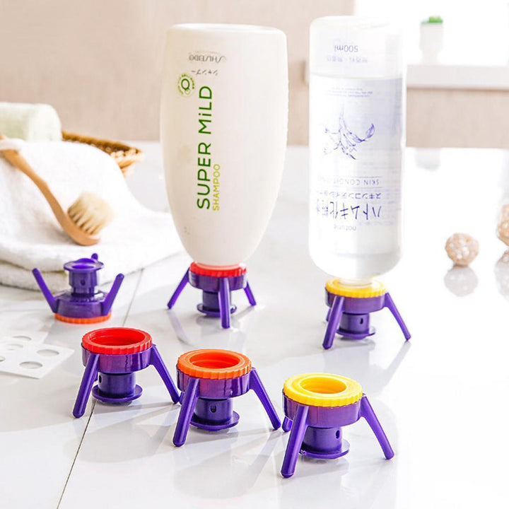 Set of 6 bottle emptying kits, purple, green, and blue, for kitchen, bathroom, and household use