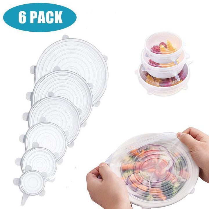 Set of 6 reusable silicone stretch lids in various sizes for food storage and preservation
