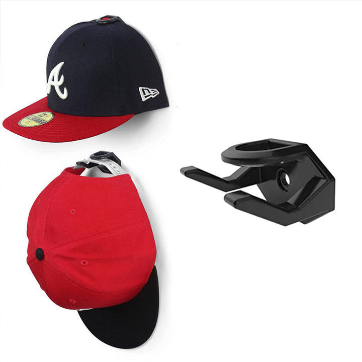 Adhesive hat hooks providing a minimalist and space-saving storage solution for baseball caps.