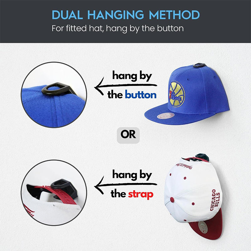Close-up of a single minimalist adhesive hook holding a black baseball cap securely on a wall.