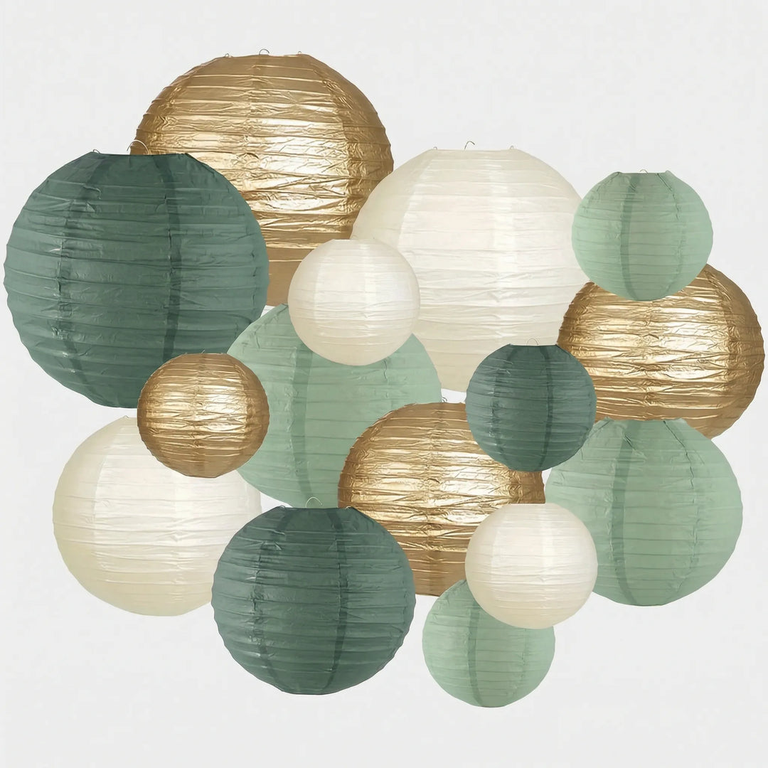 Elegant round hanging lanterns creating warm ambient light for indoor/outdoor events, parties, and home decor.