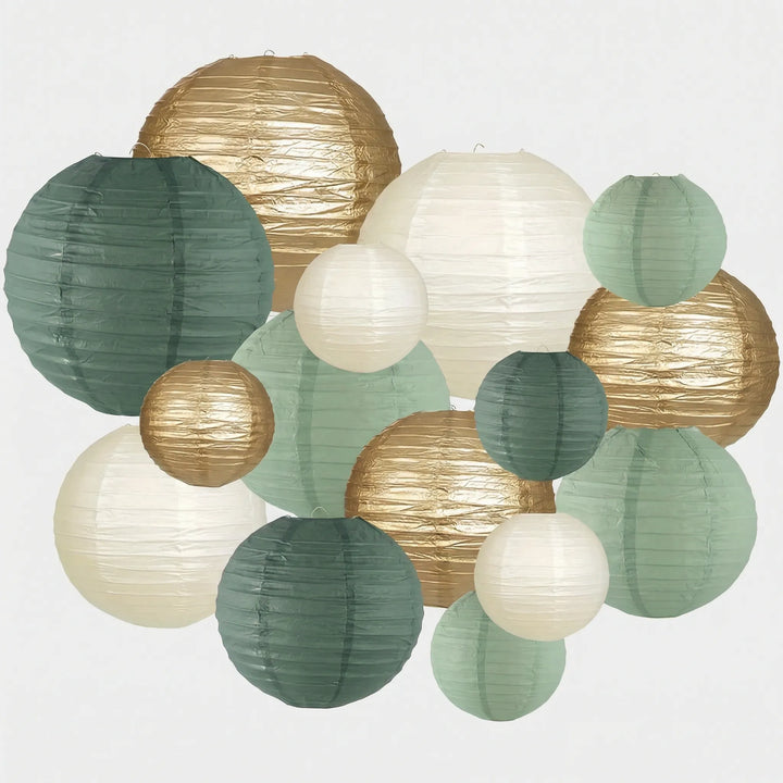 Elegant round hanging lanterns creating warm ambient light for indoor/outdoor events, parties, and home decor.