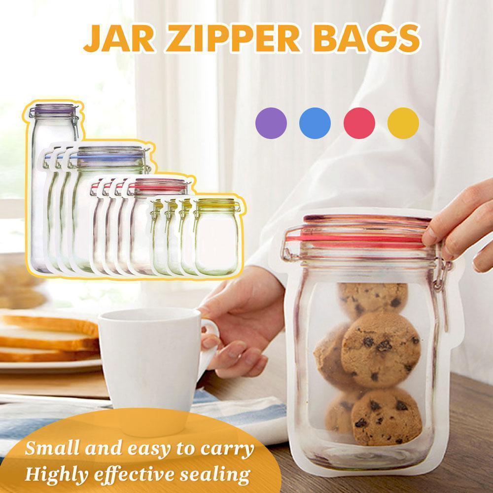 Set of reusable food storage mason jar zipper bags for eco-friendly kitchen organization and fresh food storage.