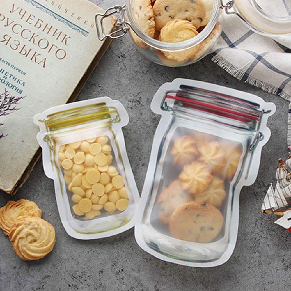 A collection of BPA-free reusable snack bags designed like mason jars, perfect for food storage and lunch bags.