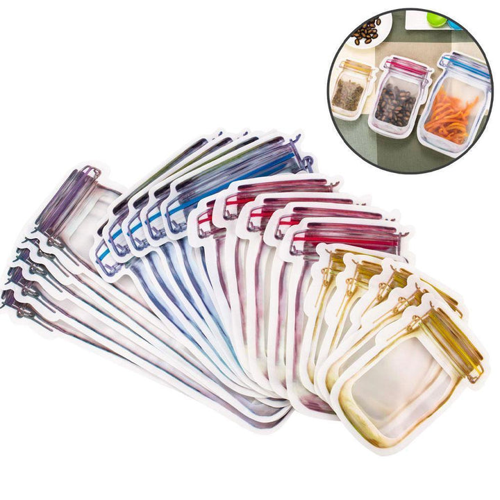 Various sizes of reusable mason jar zipper bags, ideal for organizing your kitchen and storing snacks.